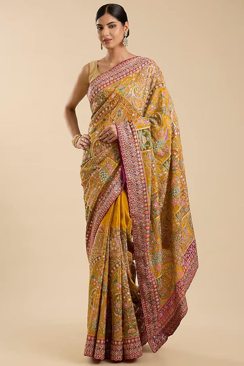 The Golden Bloom: Yellow Crepe Silk Saree with Zari Sequin Ambi Floral Work