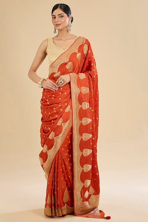 Crimson Red Heritage: Embroidered Crepe Silk Saree Set