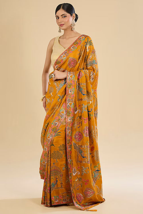 Mustard Glow: Embroidered Crepe Silk Saree Set