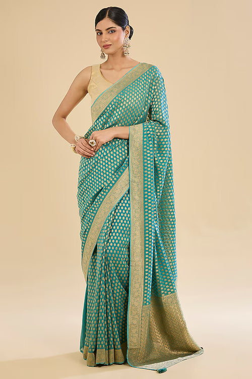Emerald Radiance: Hand-Embroidered Georgette Saree Set