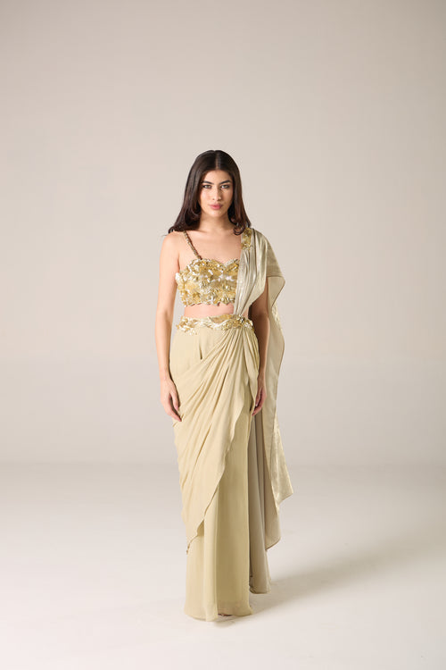 Golden Bloom Drape Saree
