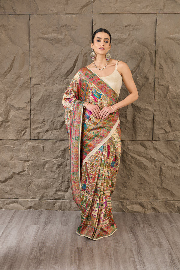 The Ivory Mosaic: Frost White Silk Saree with Multicolour Thread-work and Border