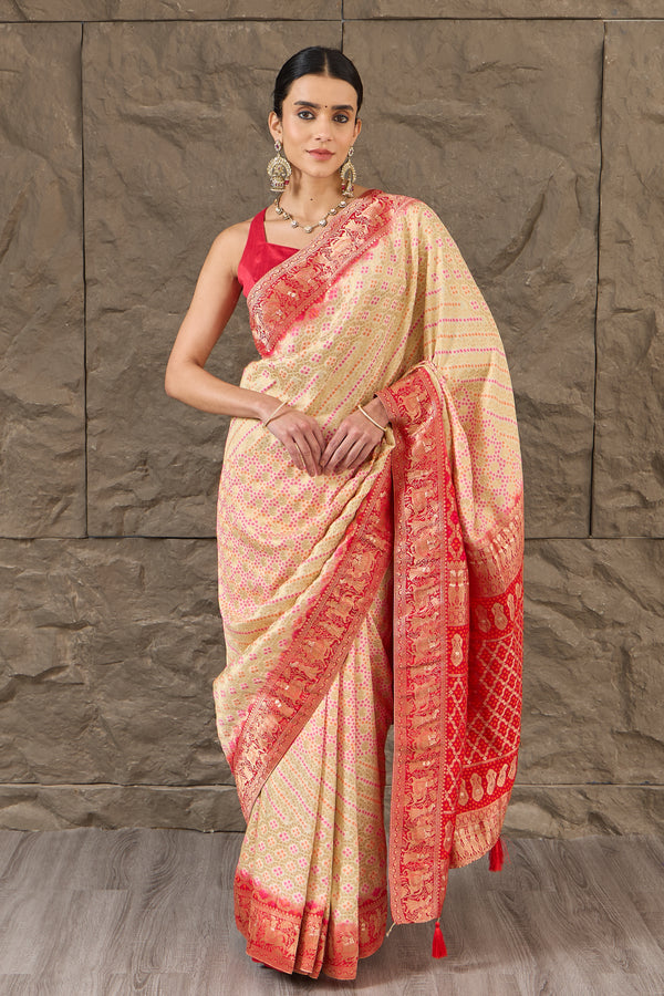 The Saanjh Viraasat: Ivory Gharchola Saree with Red Border
