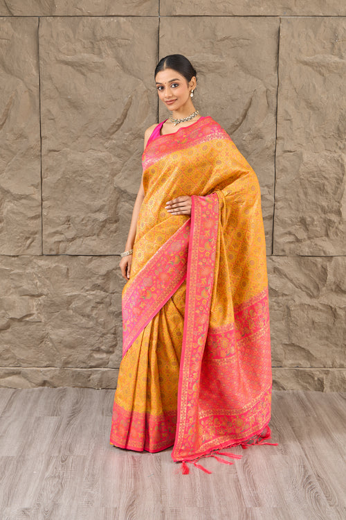 The Mustard Meenakari: Handcrafted Saree with Zari and Thread Embellishment