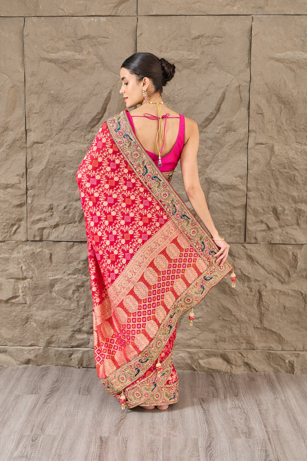 The Coral Charm: Coral Pink Khaddi Gharchola Saree with Gota Patti & Zari Work