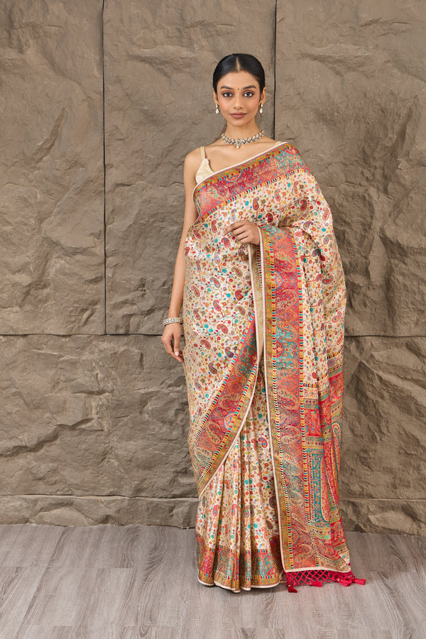 The Ivory Jamwar: Silk Saree with Traditional Jamwar Detailing and Contrasting Blouse