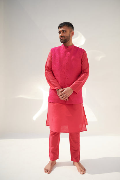 Mulberry Pink Cotton Silk Kurta Set with Sleeveless Jodhpuri Jacket