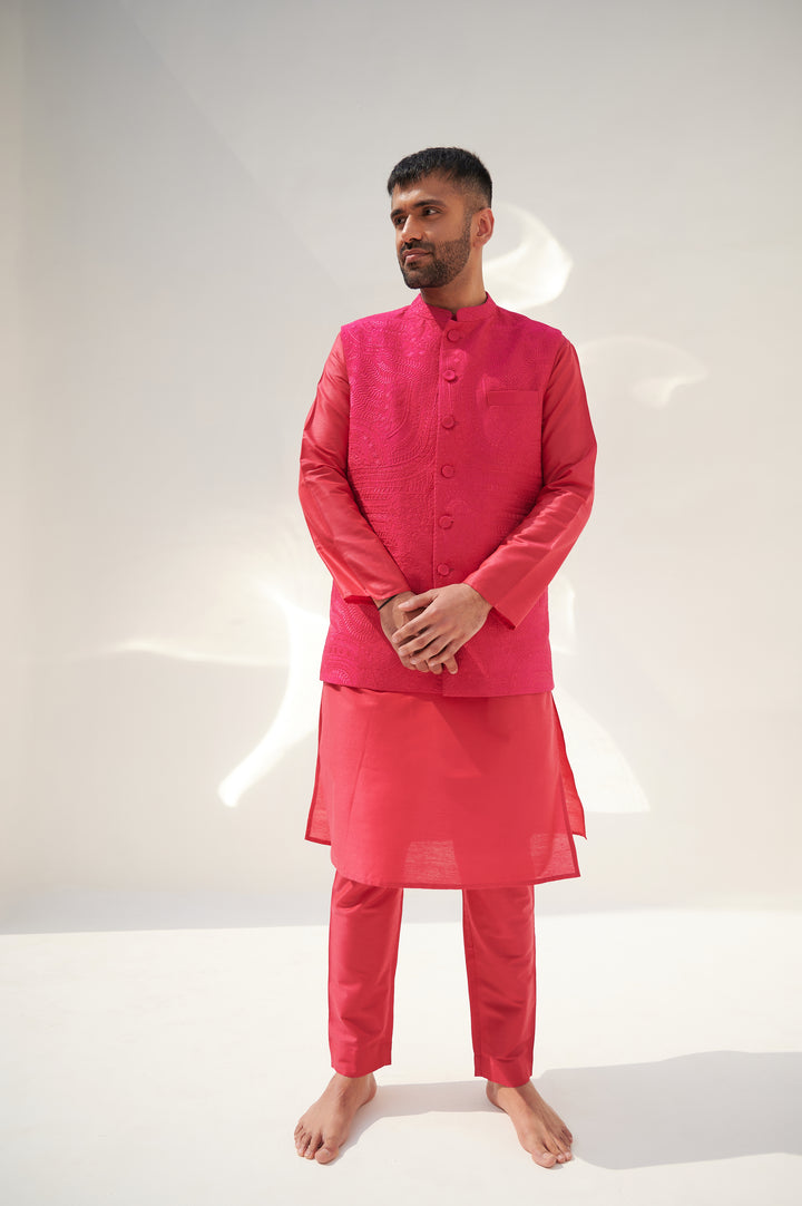 Pink Cotton Silk Kurta Set with Sleeveless Jodhpuri Jacket