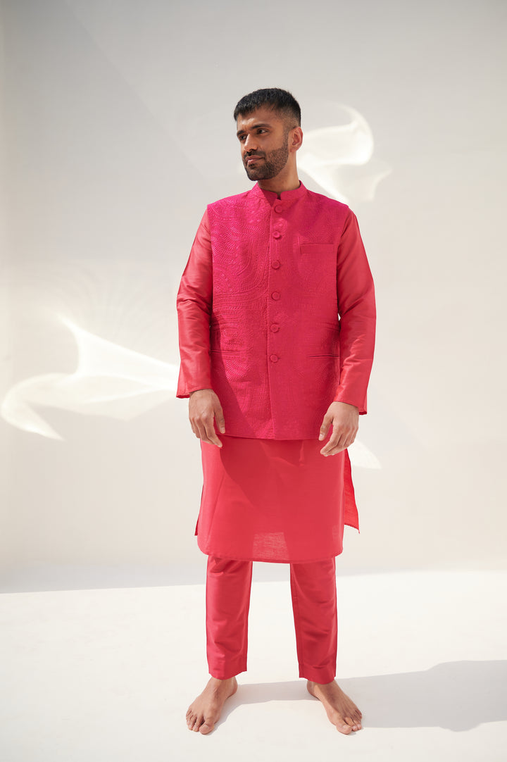 Mulberry Pink Cotton Silk Kurta Set with Sleeveless Jodhpuri Jacket