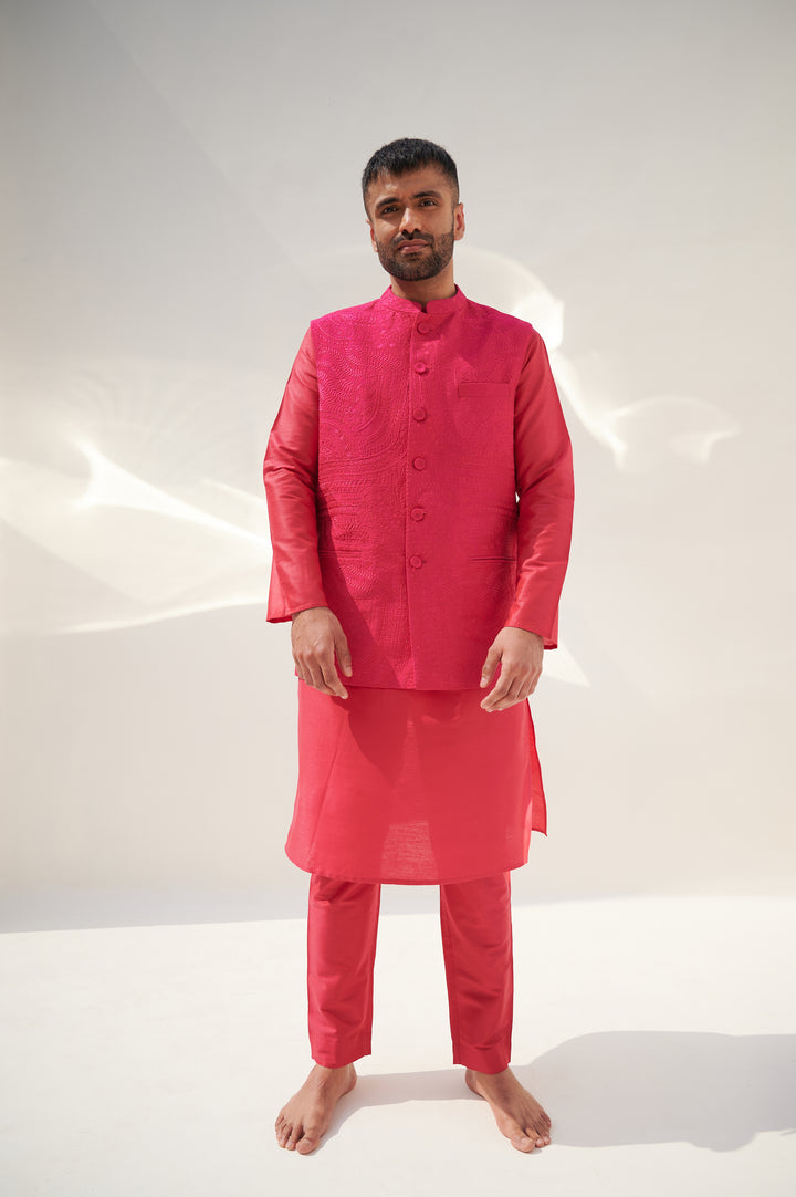 Pink Cotton Silk Kurta Set with Sleeveless Jodhpuri Jacket