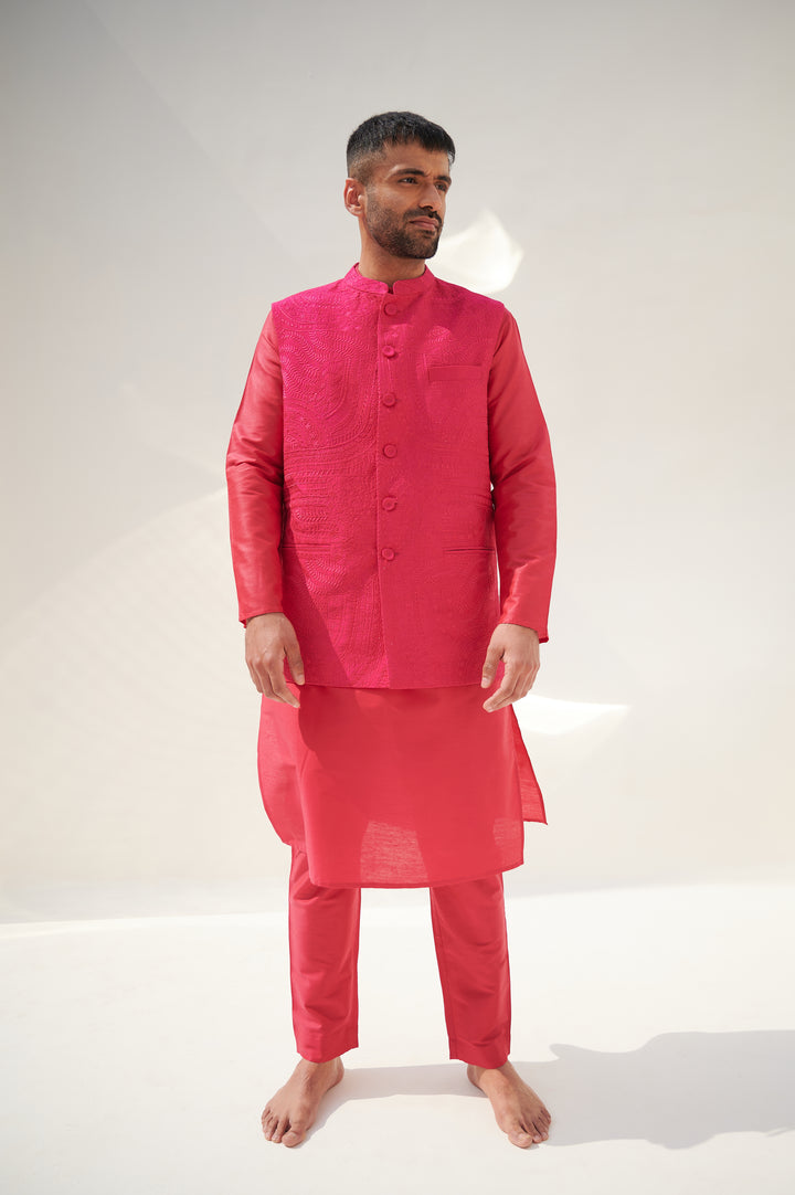 Mulberry Pink Cotton Silk Kurta Set with Sleeveless Jodhpuri Jacket online