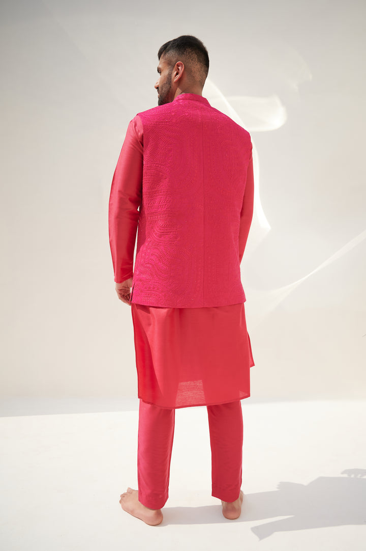 Pink Cotton Silk Kurta Set with Sleeveless Jodhpuri Jacket