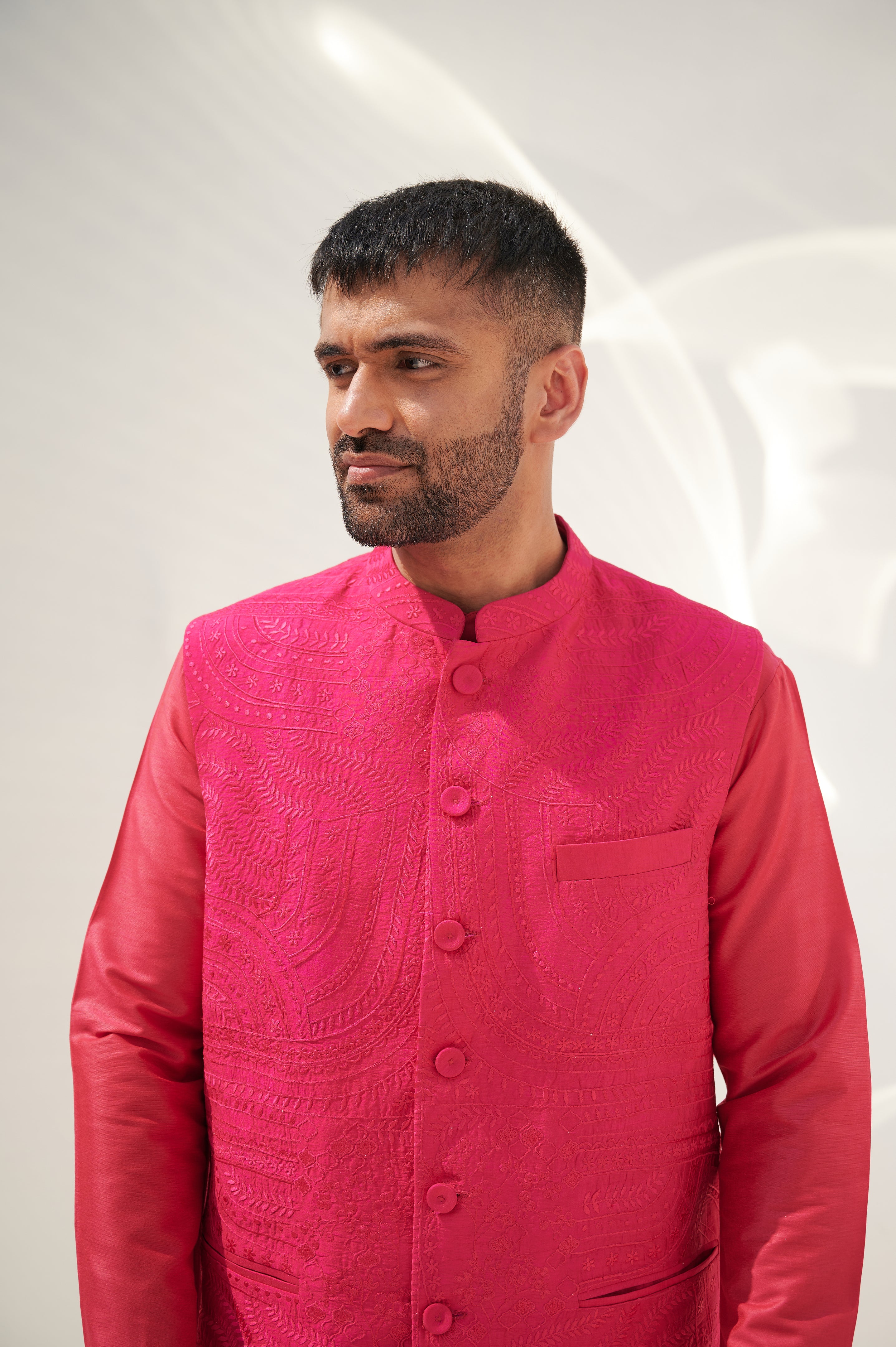 Mulberry Pink Cotton Silk Kurta Set with Sleeveless Jodhpuri Jacket