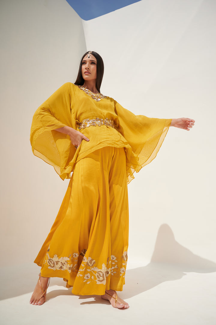 Honeycomb Yellow Kaftan Tunic Palazzo Set