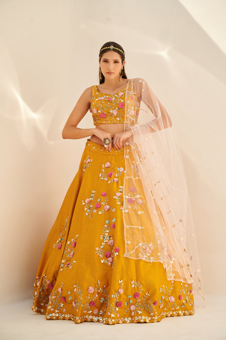 Canary Yellow Abstract 3D Floral Lehenga Set