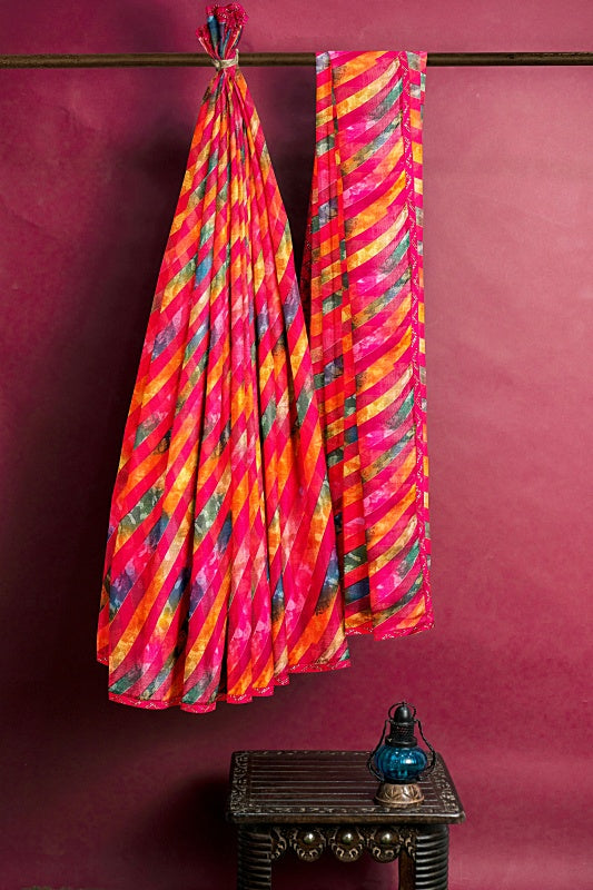 The Joyful Current: Fuchsia Georgette Lahariya Saree
