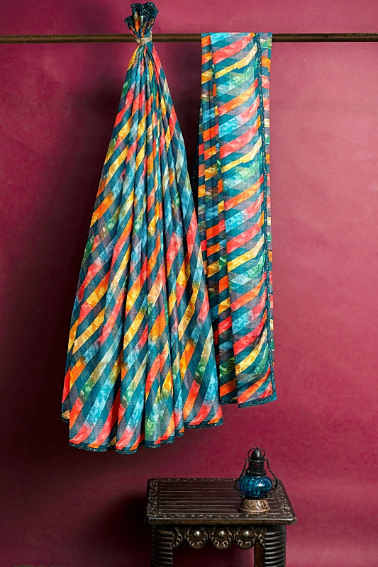 The Forest Rainbow: Dark Olive Green Georgette Lahariya Saree