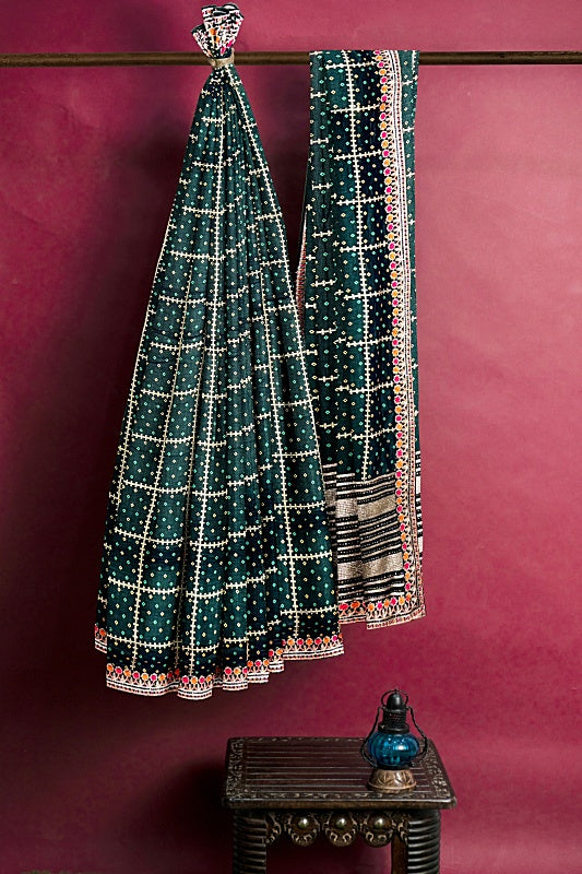 The Emerald Meadow: Forest Green Georgette Saree with Bandej and Resham