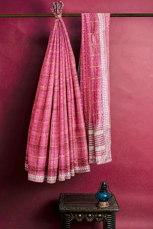 The Peony Whisper: Coral Pink Georgette Saree with Bandej and Resham