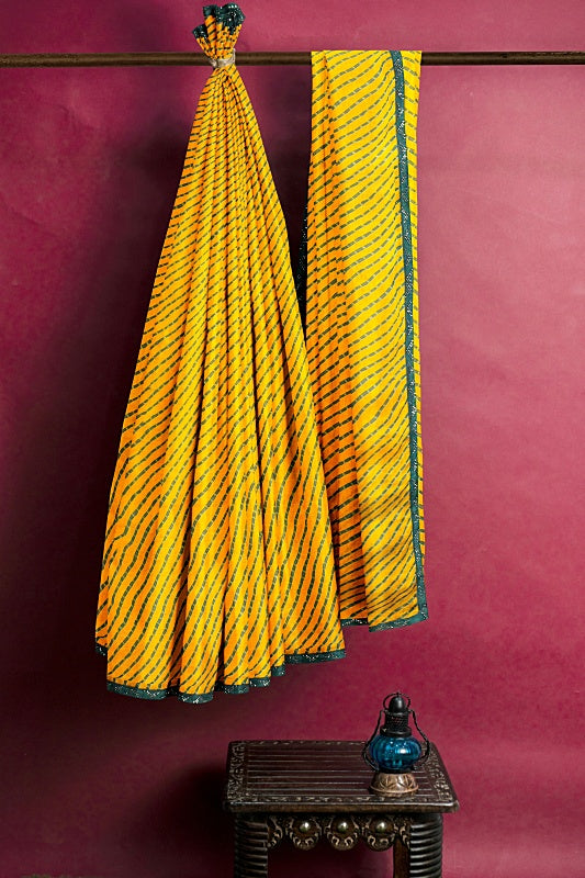 The Golden Current: Mustard Georgette Lahariya Saree