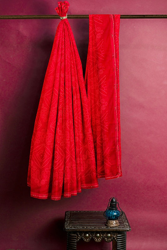 The Scarlet Tradition: Georgette Bandhej Saree