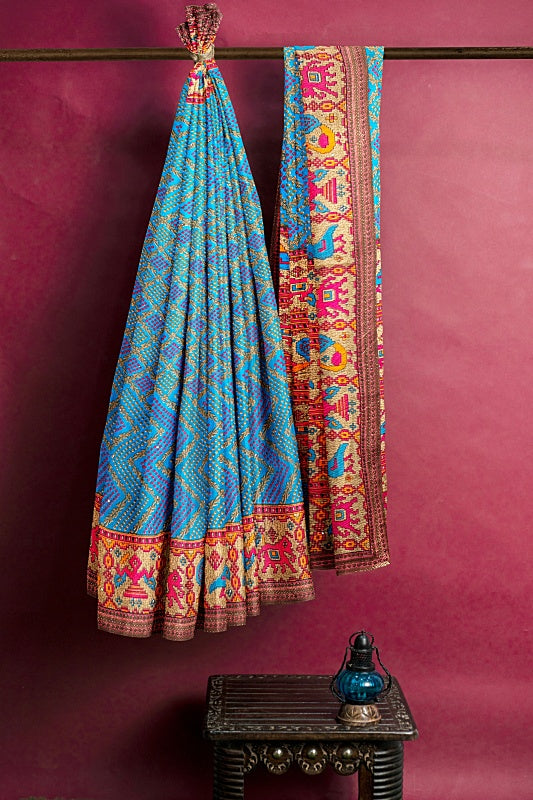 The Sapphire Savannah: Blue Georgette Bandej Saree
