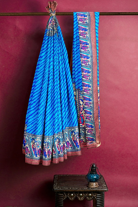 The Krishna Leela: Blue Georgette Saree with Radha-Krishna Motif