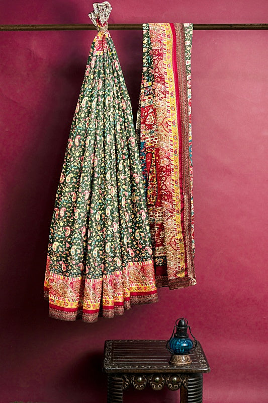 The Emerald Vine: Green Georgette Saree