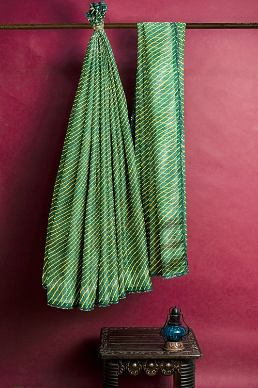 The Forest Stream: Dark Green Georgette Lahariya Saree