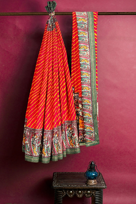 The Crimson Current: Red Georgette Lahariya Saree