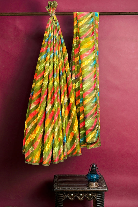 The Rainbow Flow: Olive Green Georgette Lahariya Saree