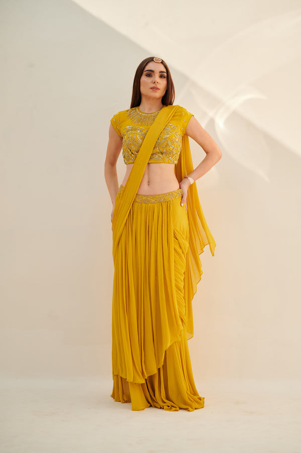 Honeycomb Yellow Glow Floral Drape Saree