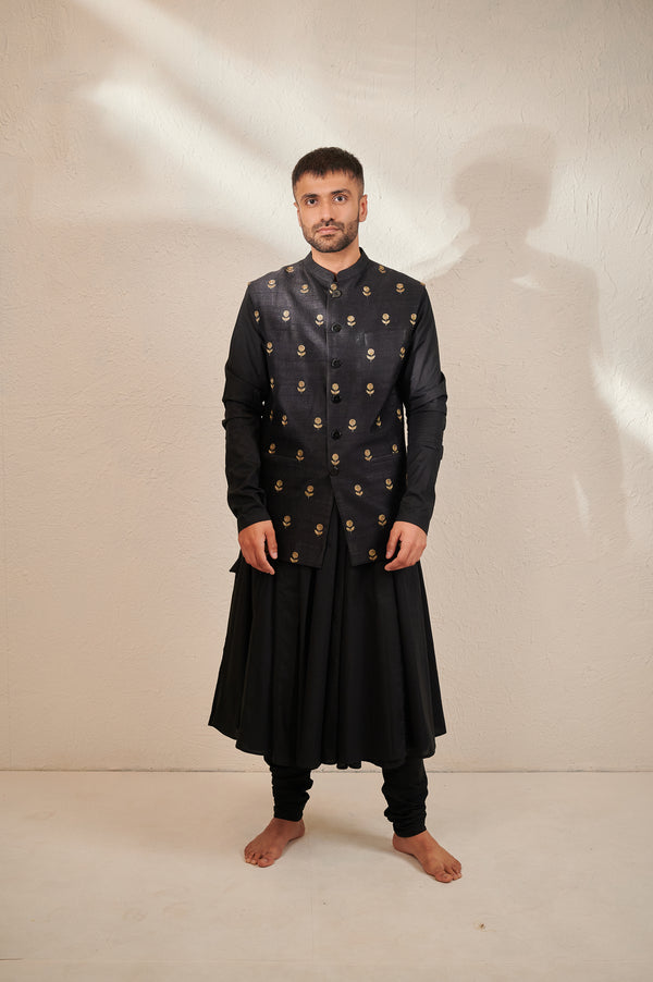 Sangneri Zari Motif Jodhpuri Jacket with Glazed Cotton Angrakha Kurta and Churidaar