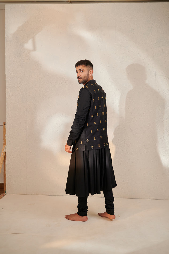 Black Jodhpuri Jacket with Glazed Cotton Angrakha Kurta and Churidaar