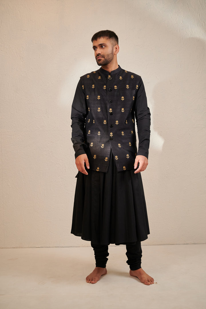 Sangneri Zari Motif Jodhpuri Jacket with Glazed Cotton Kurta and Churidaar