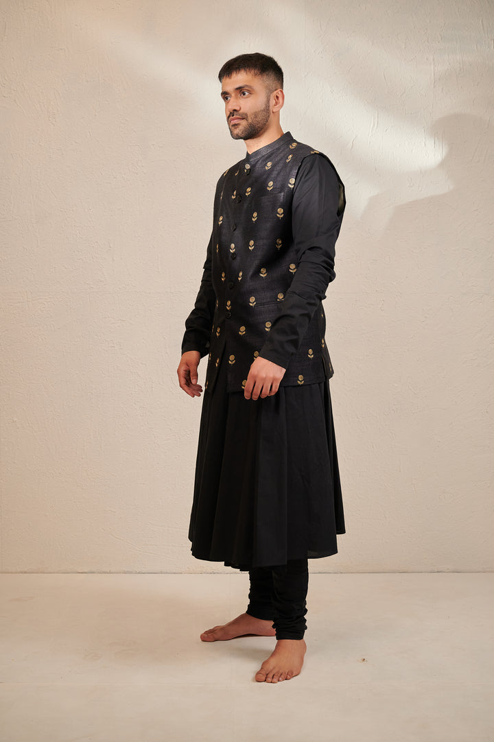 Zari Motif Jodhpuri Jacket with Glazed Cotton Angrakha Kurta and Churidaar