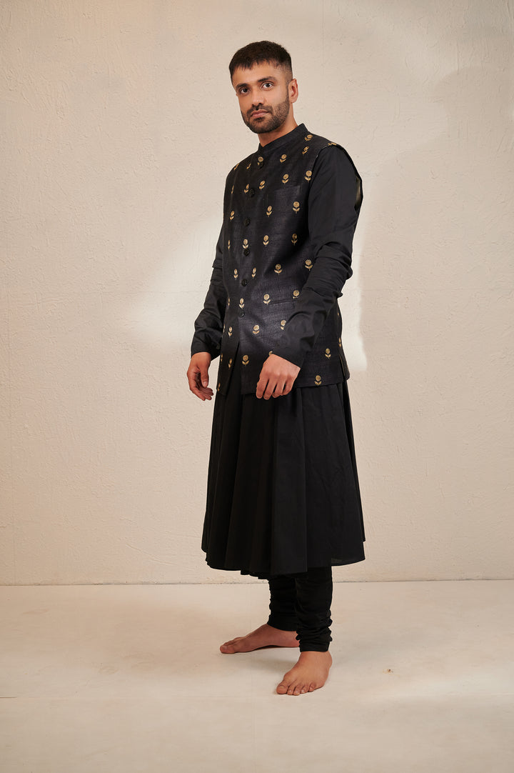 Zari Motif Jodhpuri Jacket with Glazed Cotton Angrakha Kurta and Churidaar