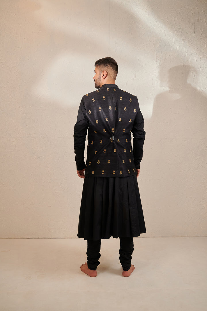 Sangneri Zari Motif Jodhpuri Jacket with Glazed Cotton Angrakha Kurta and Churidaar