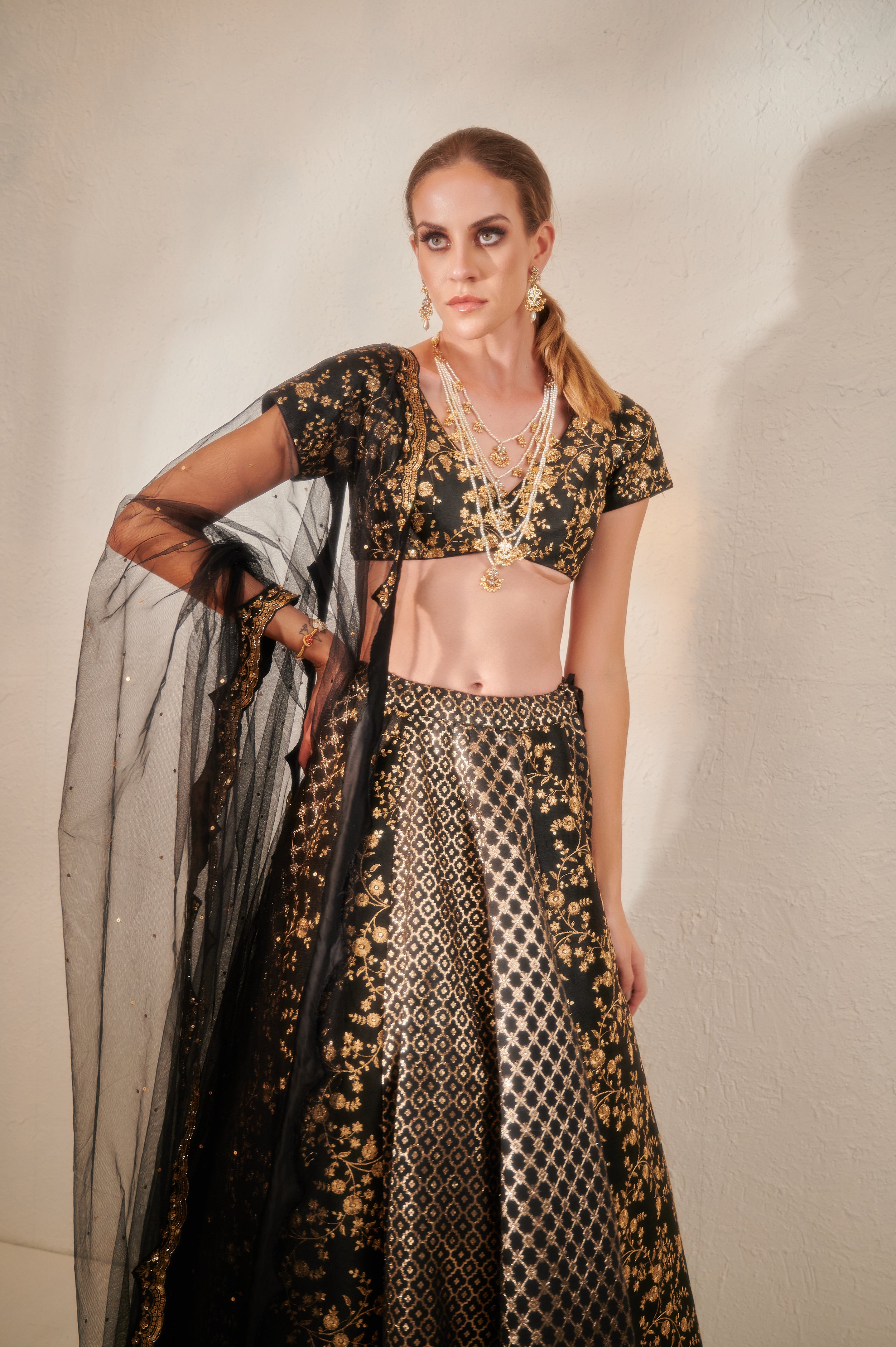 Gold Lehenga with Embroidery Work and Black Top - Clothsvill