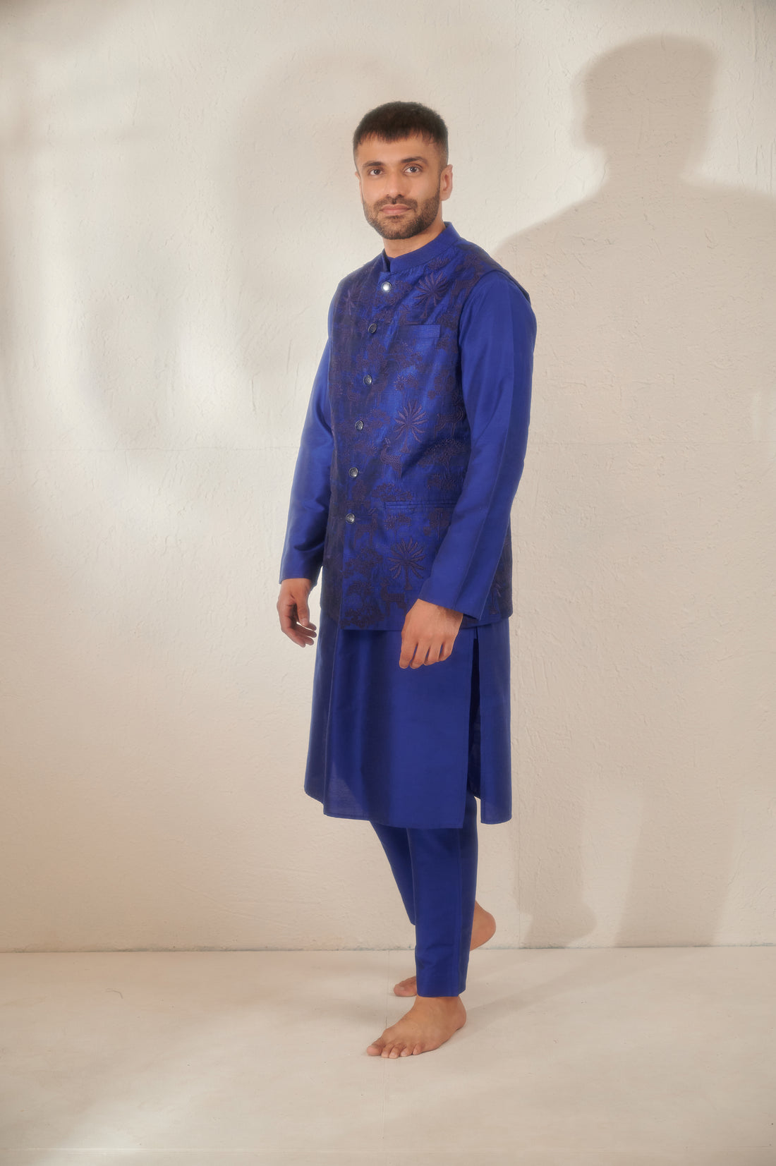 Galactic Blue Cotton Silk Kurta Set with a Regal Sleeveless Jodhpuri Jacket
