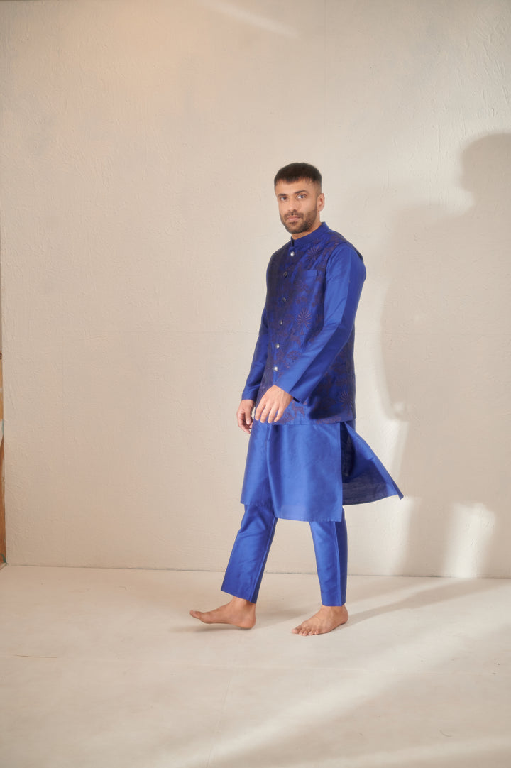 Blue Cotton Silk Kurta Set with a Regal Sleeveless Jodhpuri Jacket