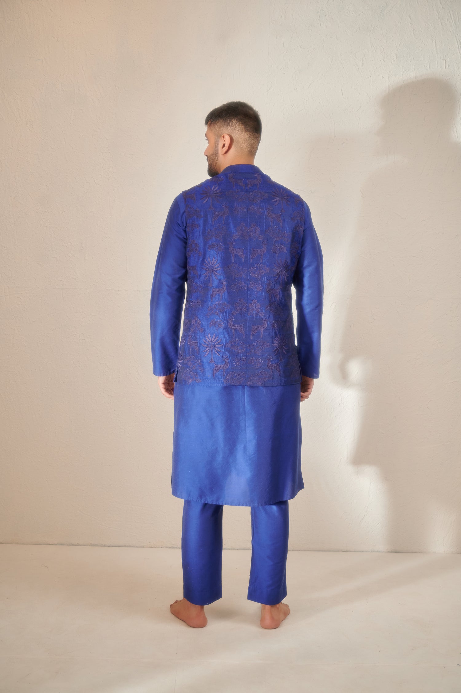 Galactic Blue Cotton Silk Kurta Set with a Regal Sleeveless Jodhpuri Jacket