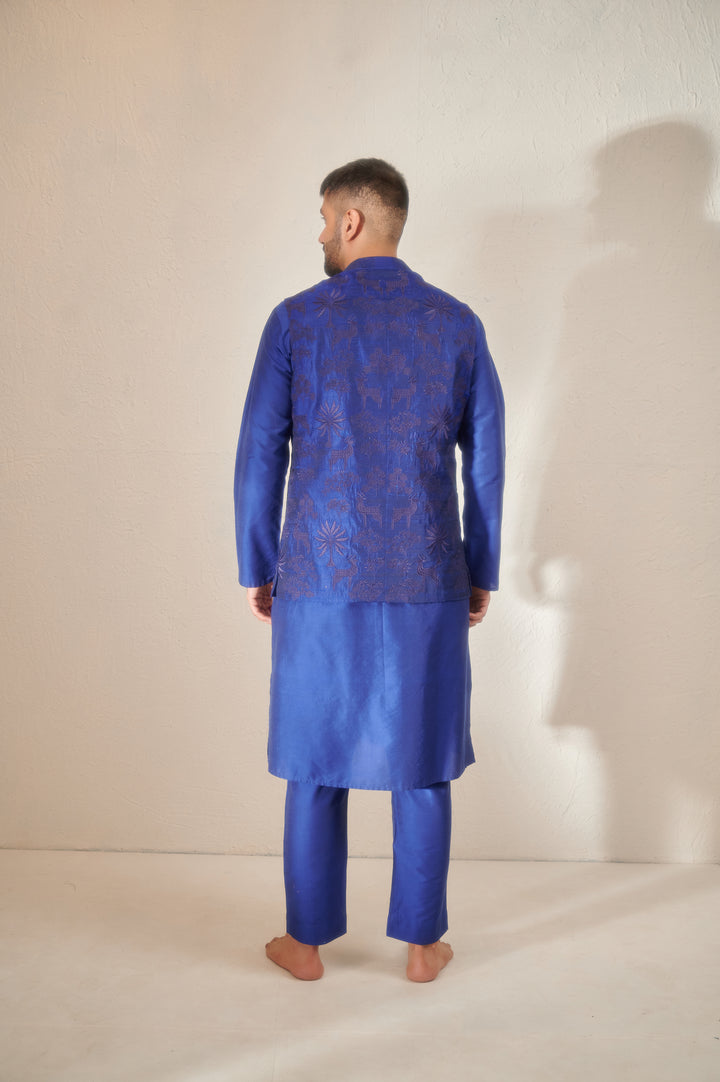 Galactic Blue Cotton Silk Kurta Set with a Regal Sleeveless Jodhpuri Jacket for Men