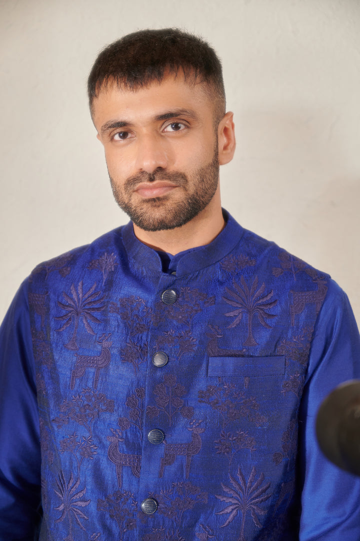 Blue Cotton Silk Kurta Set with a Regal Sleeveless Jodhpuri Jacket