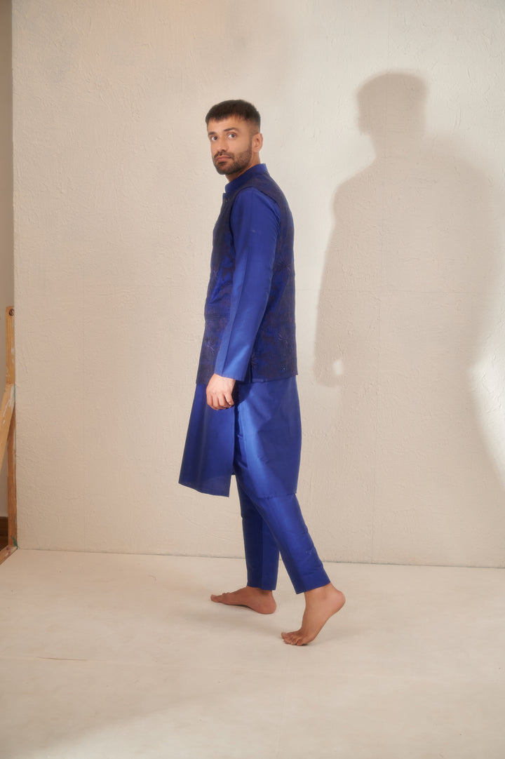 Galactic Blue Cotton Silk Kurta Set with a Regal Sleeveless Jodhpuri Jacket