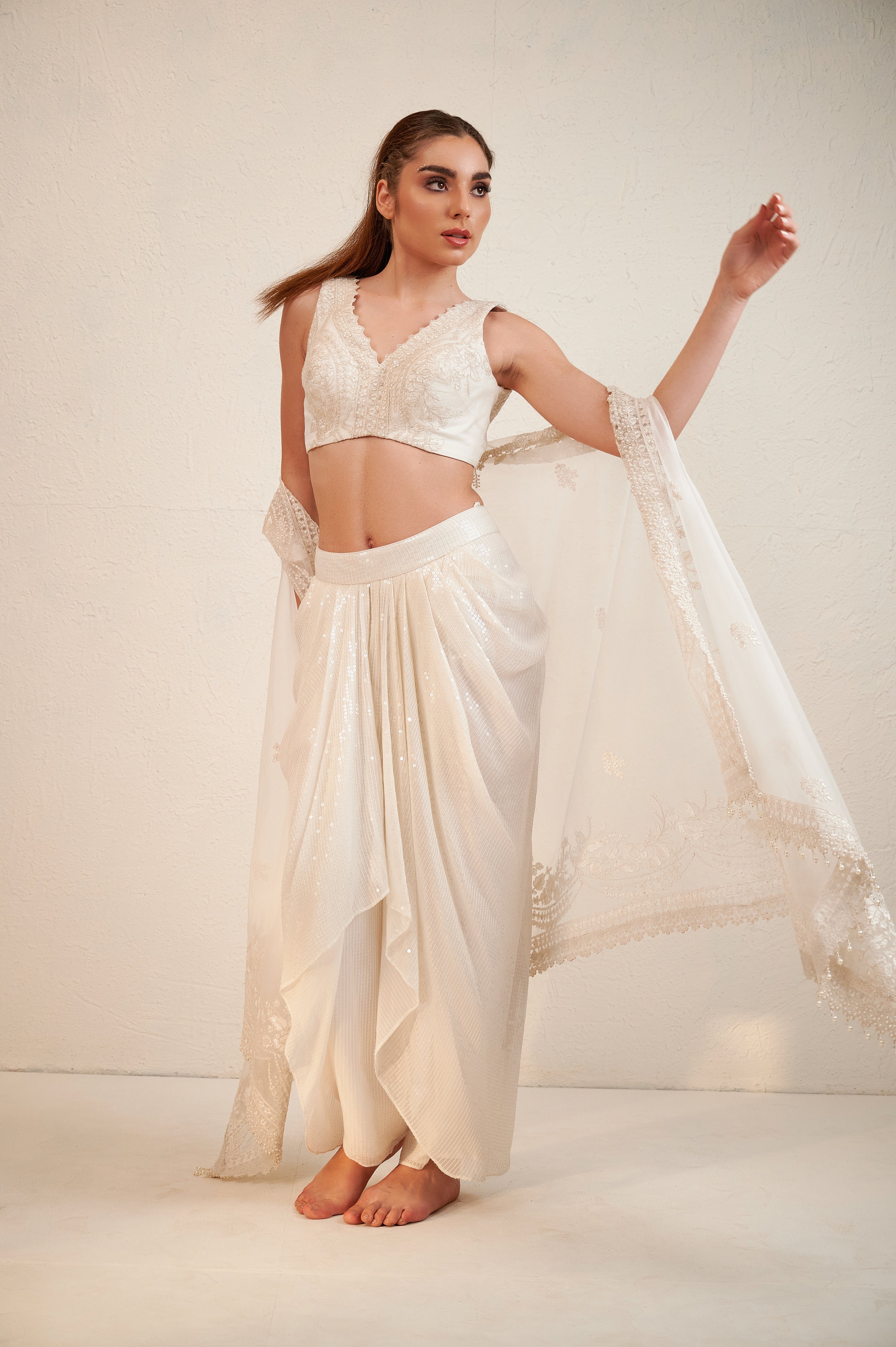 Light Brown Crop Top In Silk With Dhoti Pants And Long Embroidered Jacket  Online - Kalki Fashion | Dhoti pants, Brown crop top, Embroidered jacket