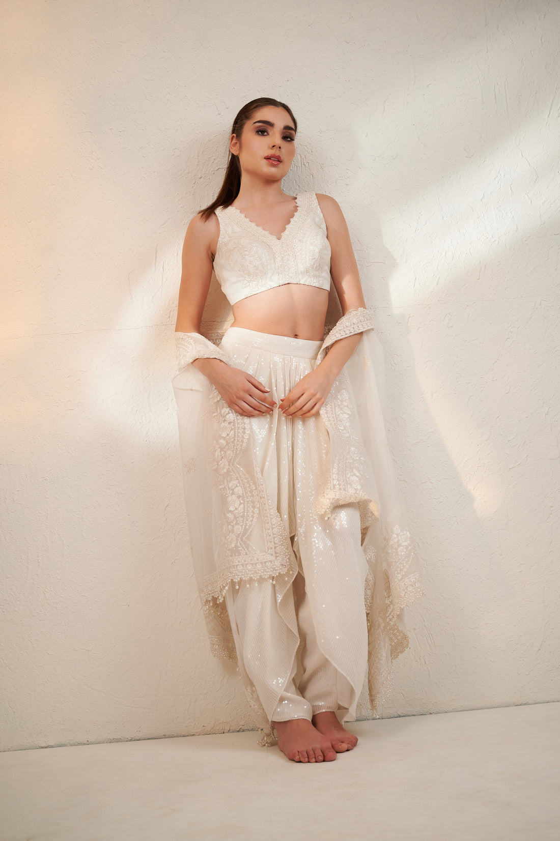 Ivory Floral Scalloped Crop Top with Dhoti Pants and Sheer Cape
