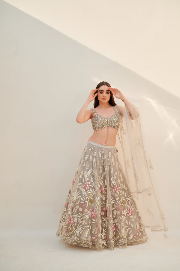 Flower Embroidered Tulle Lehenga and Bespoke Blouse