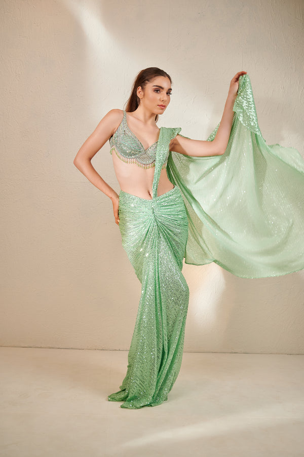 Ice Mint Crystal Sequin Embroidery Enchantress Drape Saree