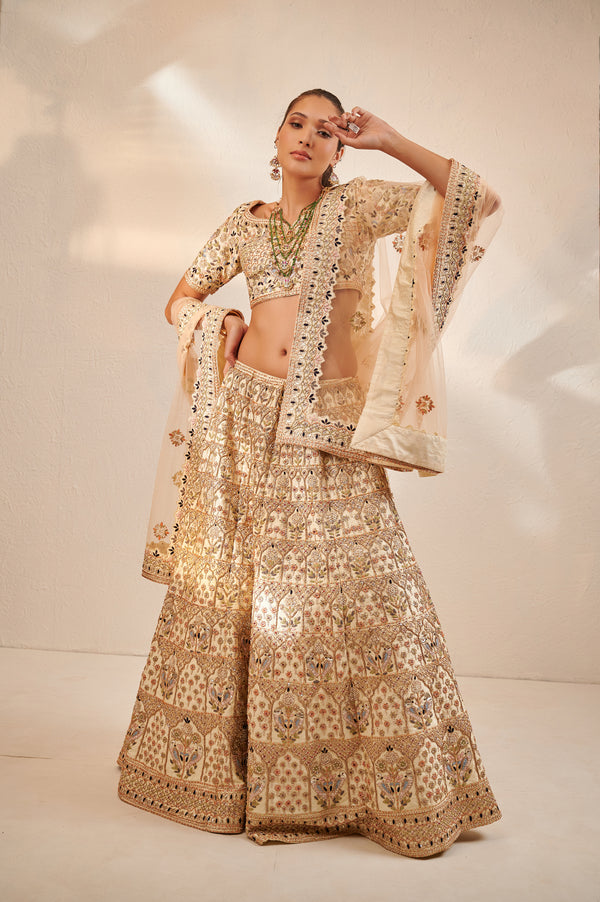 Resham and Zardozi Pastel Ivory Bridal Lehenga